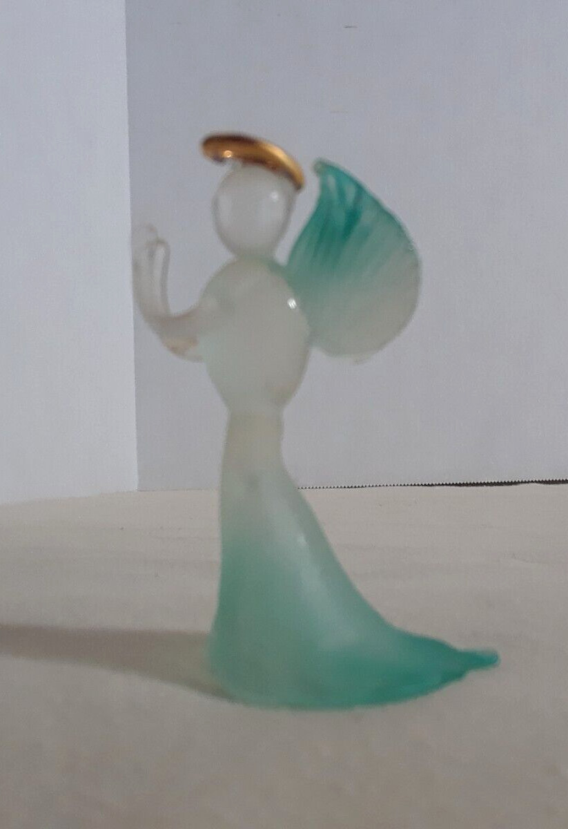 Vintage Praying Angel Frosted Teal with Gold Halo 2.5 in Tall