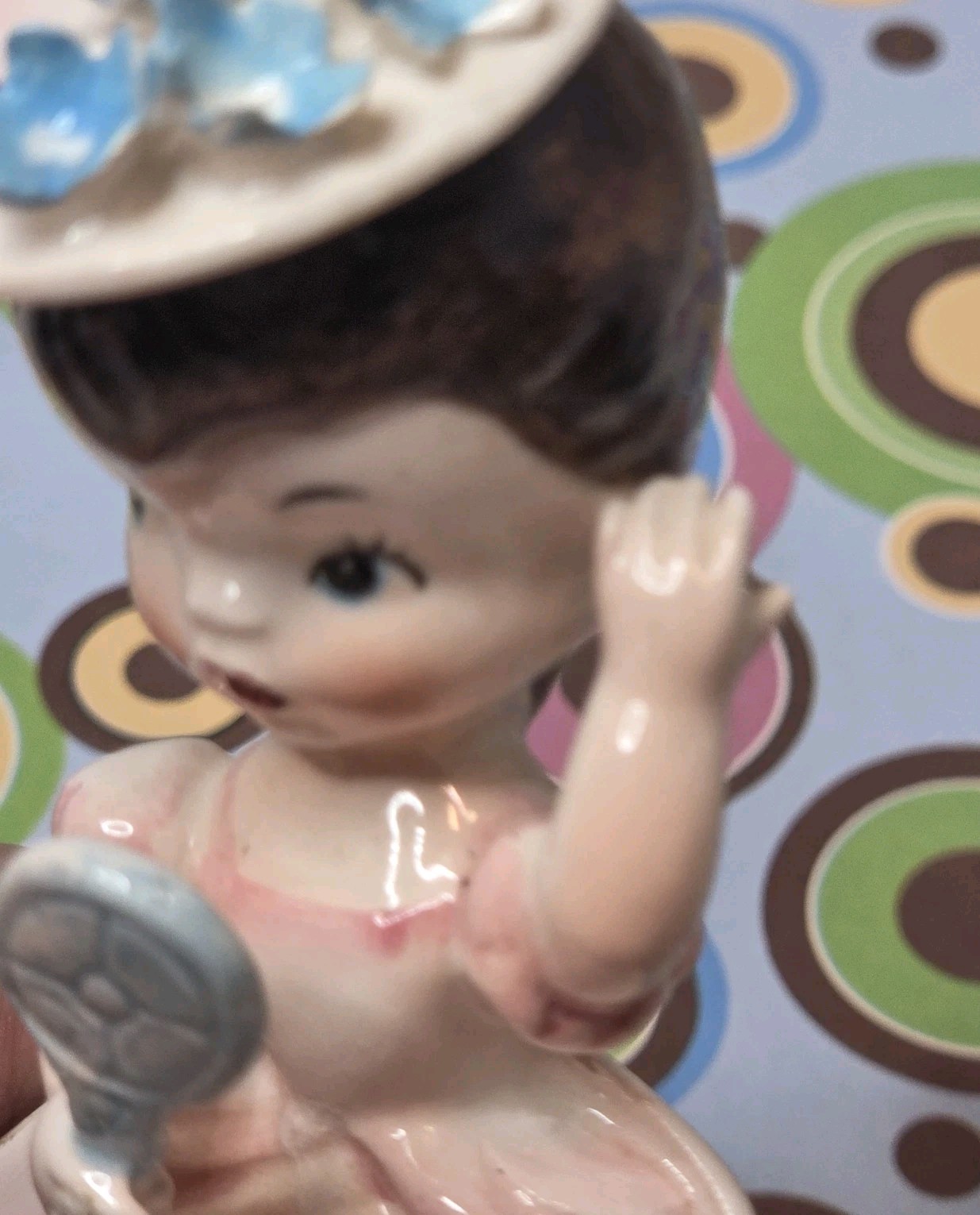 Vtg Lefton Girl Figurine Pink Dress Mirror Flower Hat Ceramic 1448 4.75″ READ