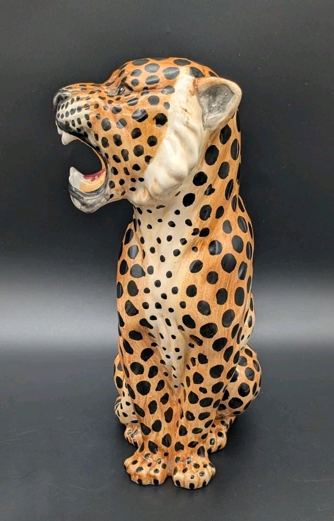 Vintage MCM Cat Sculpture Hand Painted Italian Leopard Cheetah Open Mouth 10″