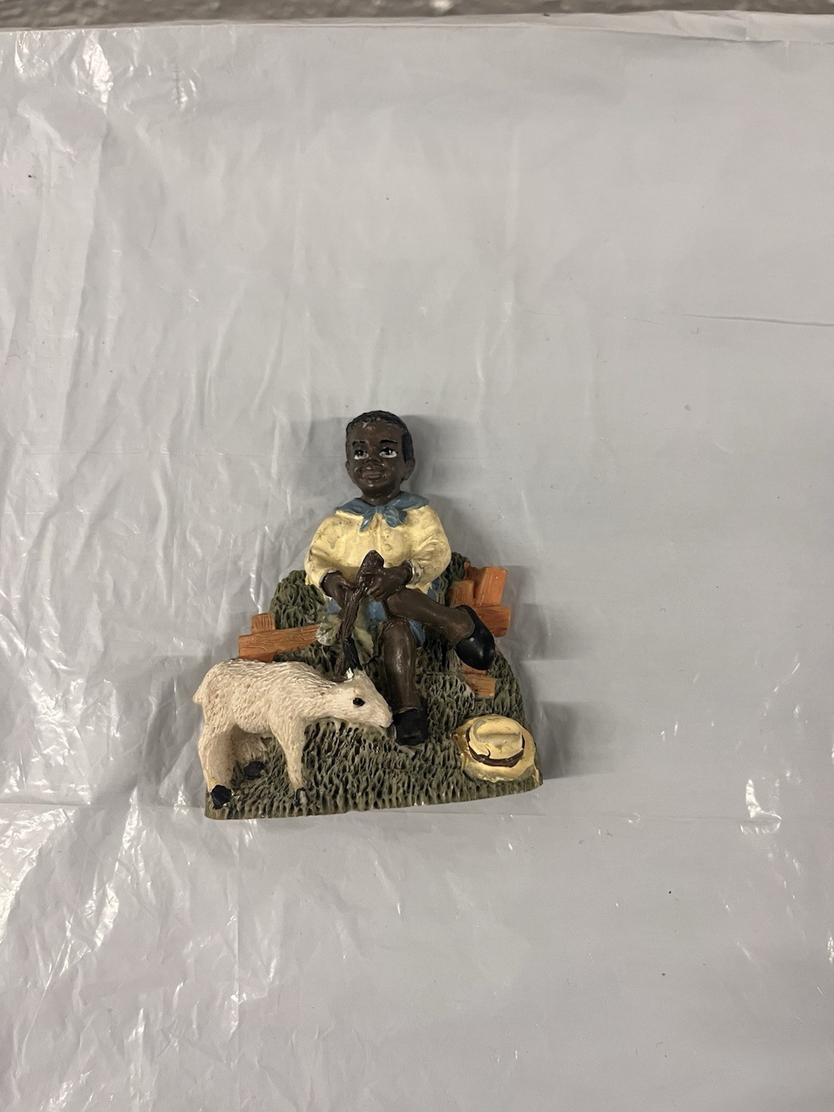 Boy on Bench with Goat Figurine 3.5in Decorative