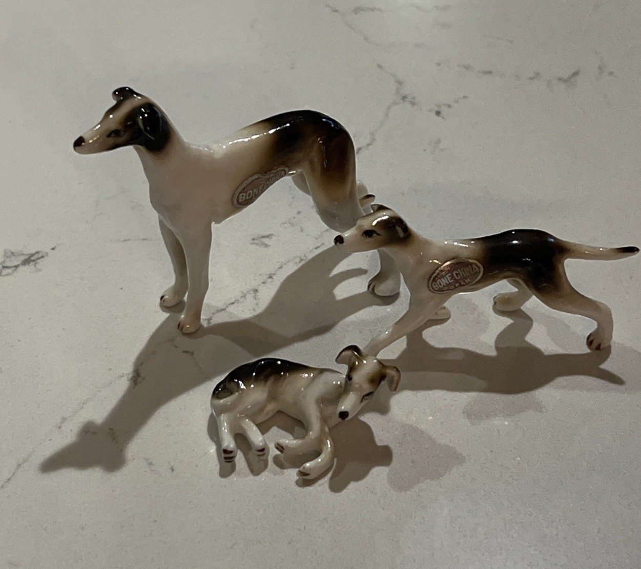 Bone China Greyhound Mini Figurine Family Of 3 Brown & White Made In Japan