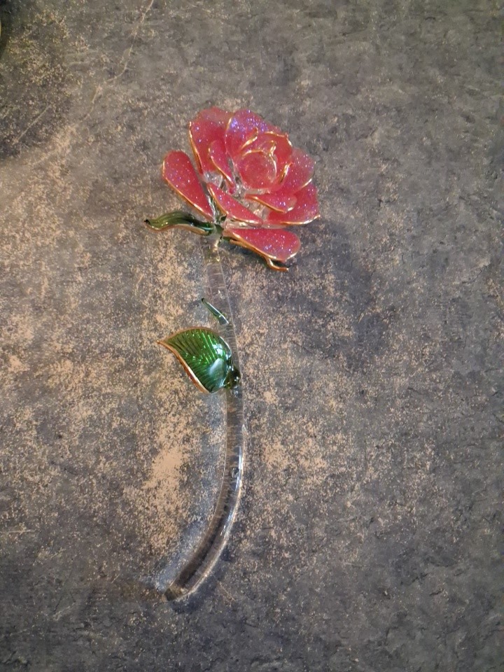 Vntg Glitter Pink Gold Tipped Rose 7″ Cystal In Mint Condition!