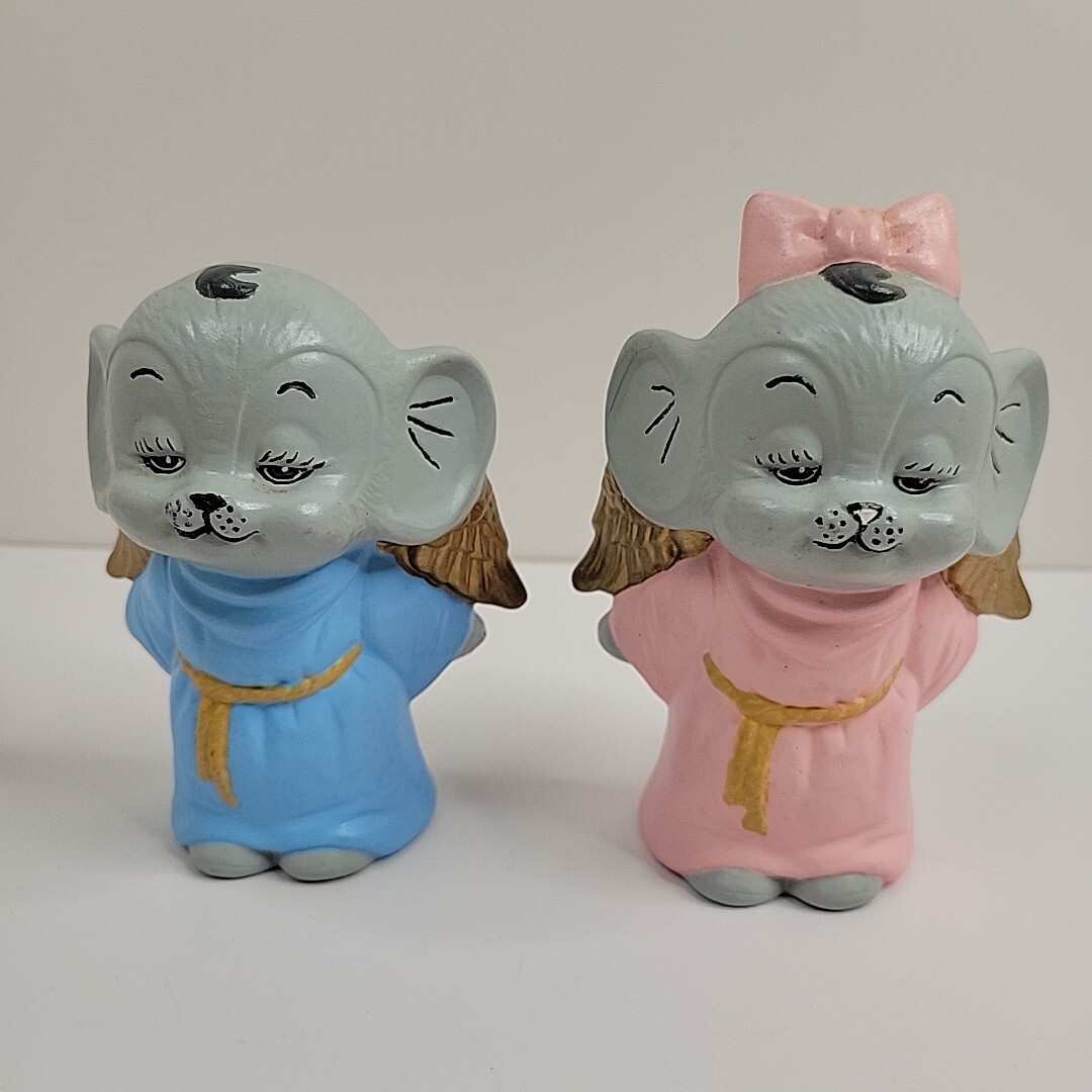Set of 2 Ceramic Angel Monk Mice Figurines Hand Painted Hobbyist Boy Girl Vtg