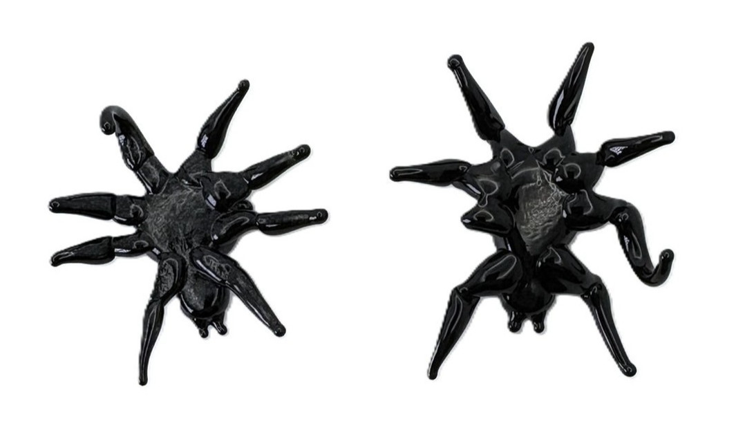 Miniature Black Spider Art Hand Blown Glass Figurines Set of 2