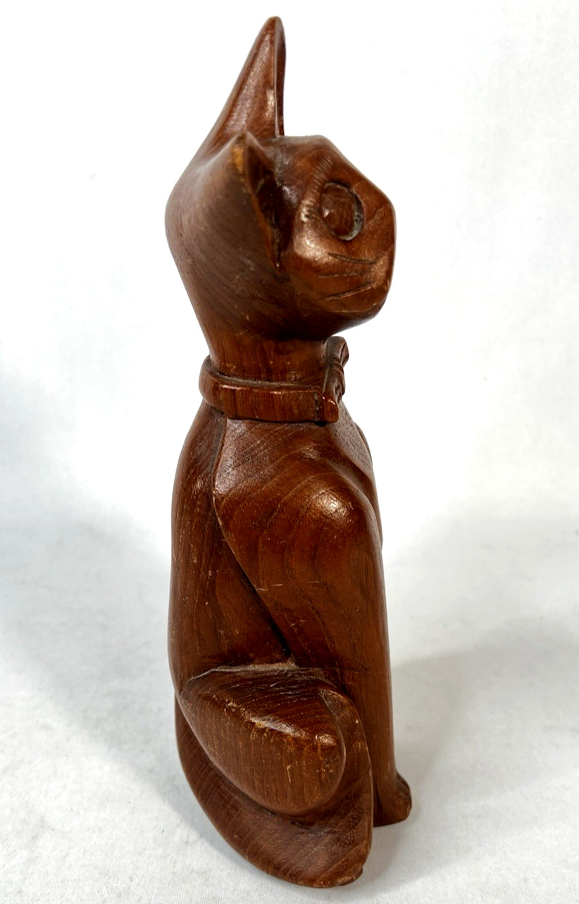 Vintage 60s MCM Hand Carved Teak Wood Cat Figurine Mid Century Bowtie 9.5″ Kitty