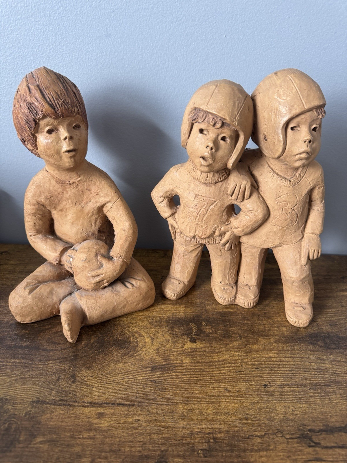 Lee Bortin Signed Clay Children Figurines Football Kids Folk Art Lot Of 2