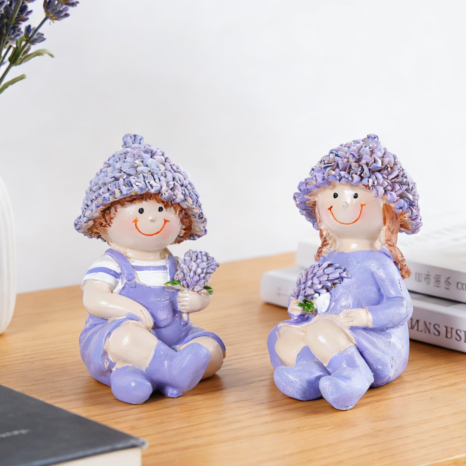 2-Piece Garden Statues Outdoor Lavender Boy and Girl Figurines Set Spring Fig…