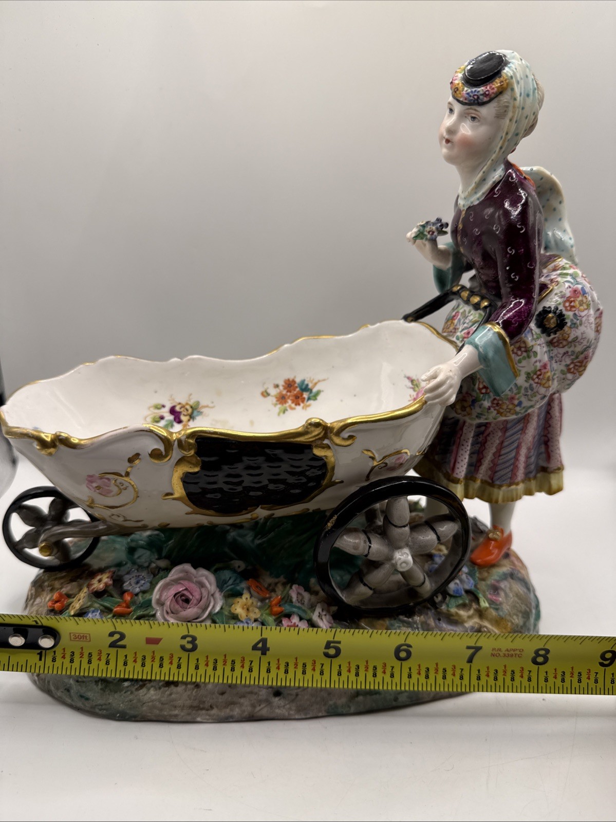 Antique 1880-90 Hand Painted Sitzendorf Porcelain Figure Flowers Wheel Barrow