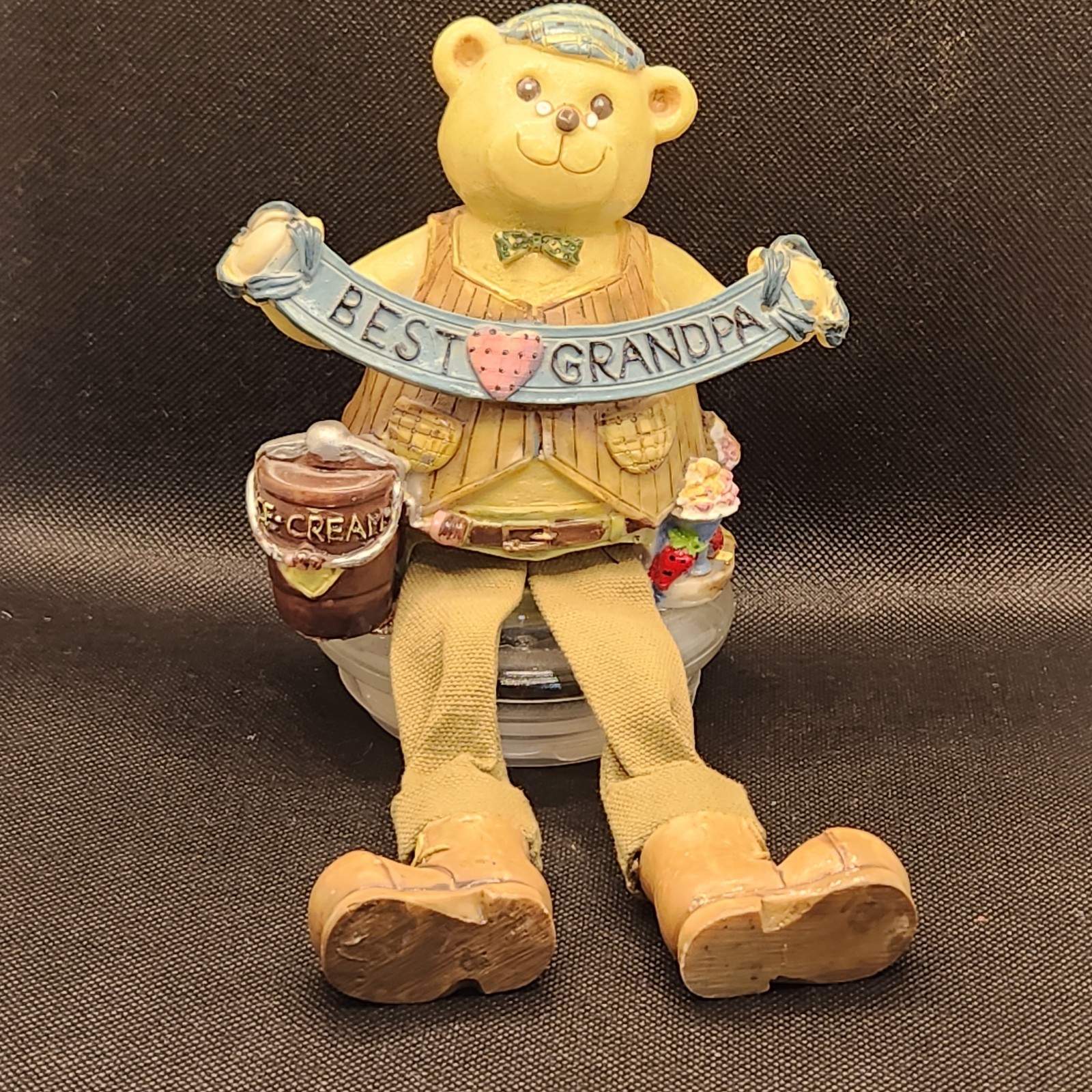VTG “Best Grandpa” Resin Bear Jar Topper, Dangling Fabric Legs, Ice Cream Theme