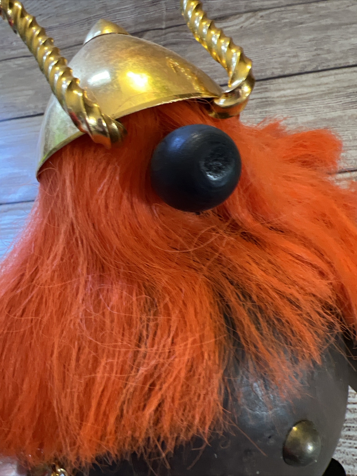 Mid Century Modern Wood And Orange Fur Viking Figure Denmark 8.5×8”