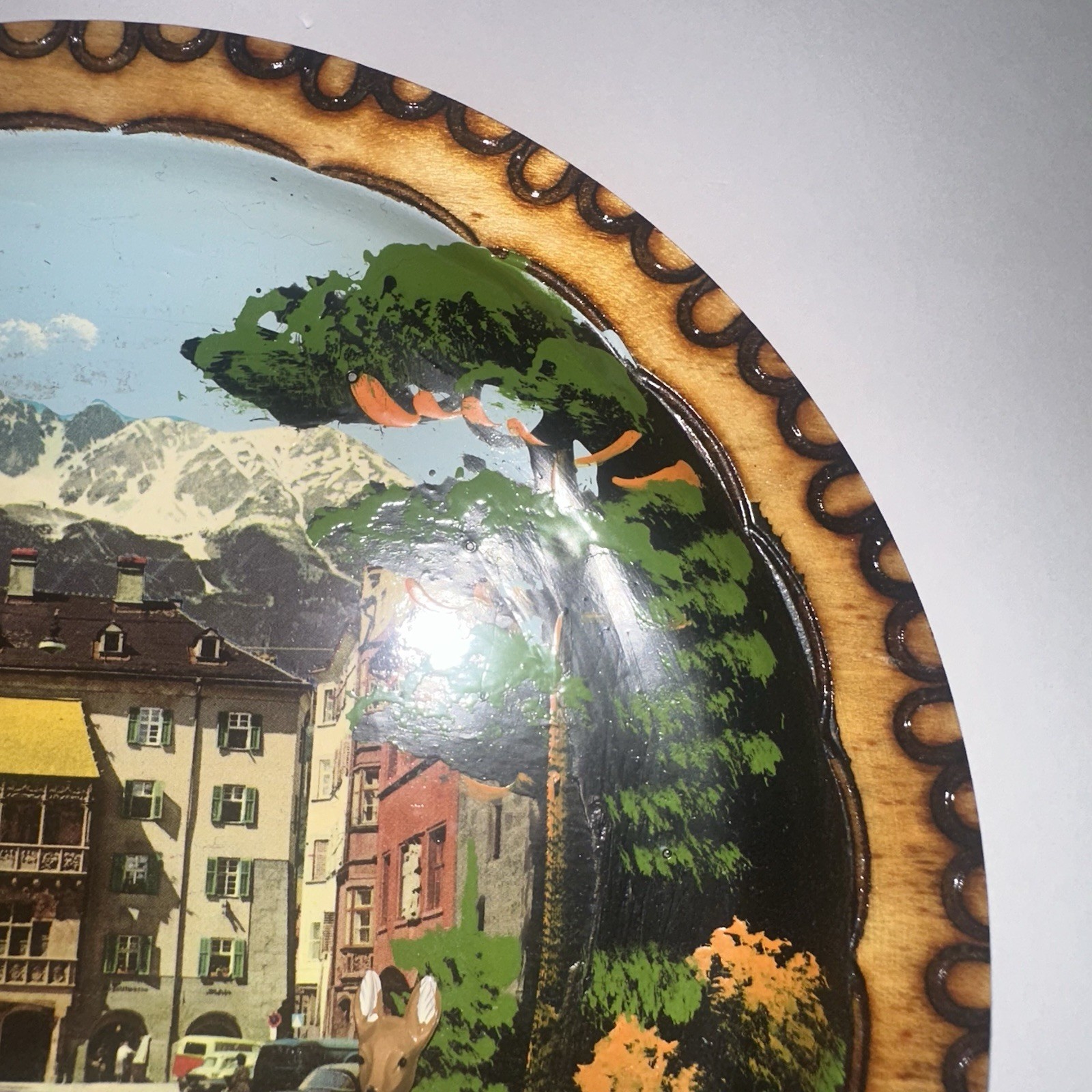 Vintage 50s Innsbruck Tirol Hand Carved Painted Wood Plate Alpine Deer Austria
