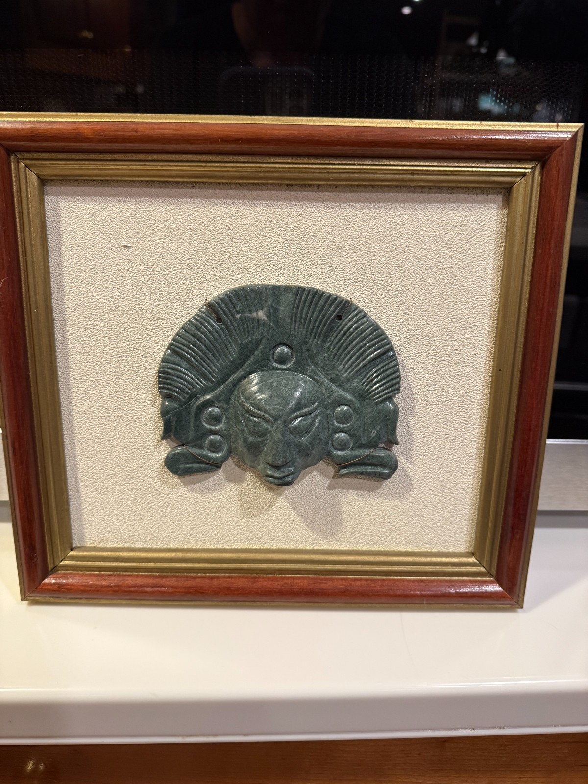 Mayan Jadeite Classic Green Jade DEITY FACE FRAMED 10.5″ X 9.5″(5″ X 4″)FACE