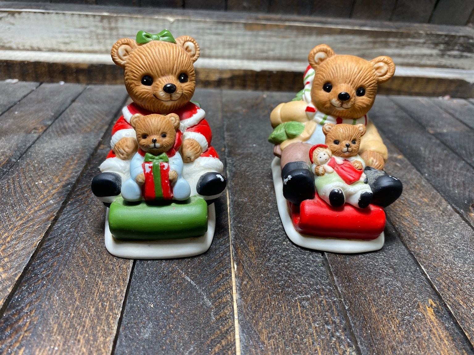 HOMCO #5102 Christmas Teddy Bear Sledding Figurines Ceramic Lot of 2