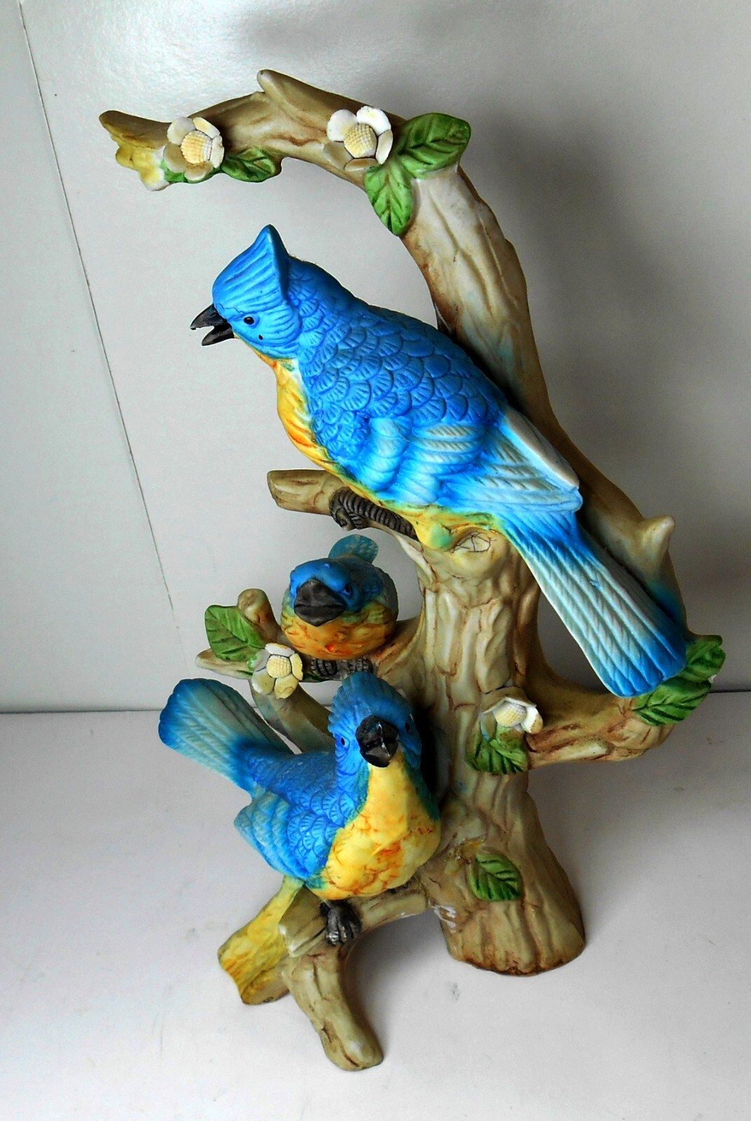 Vintage ceramic porcelain blue jays figurine 9″ tall matte glaze, bluejays birds
