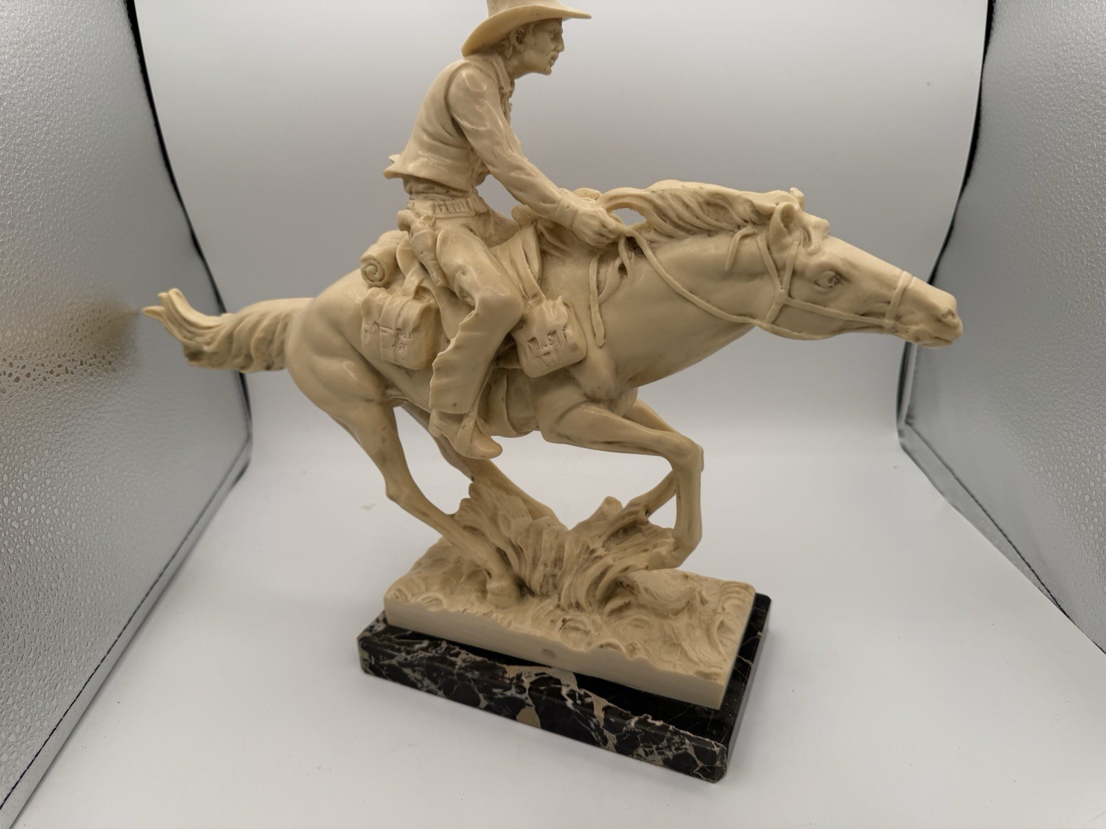 Vintage A. Santini Cowboy On Horse Statuette Italy 12” Alabaster/Black Marble