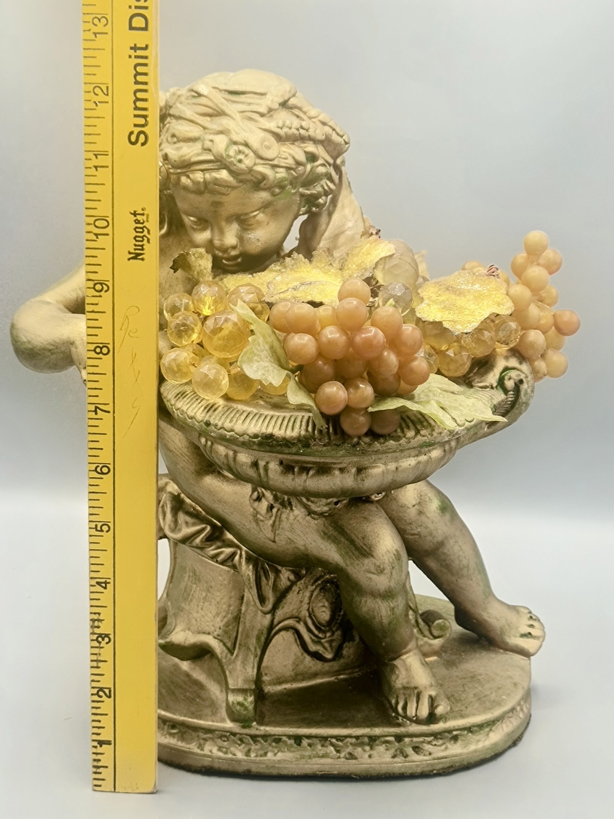 Vintage Plaster Cherub Statue 12″ Antique Gold Pained w/Fruit Bowl Lucite Grapes