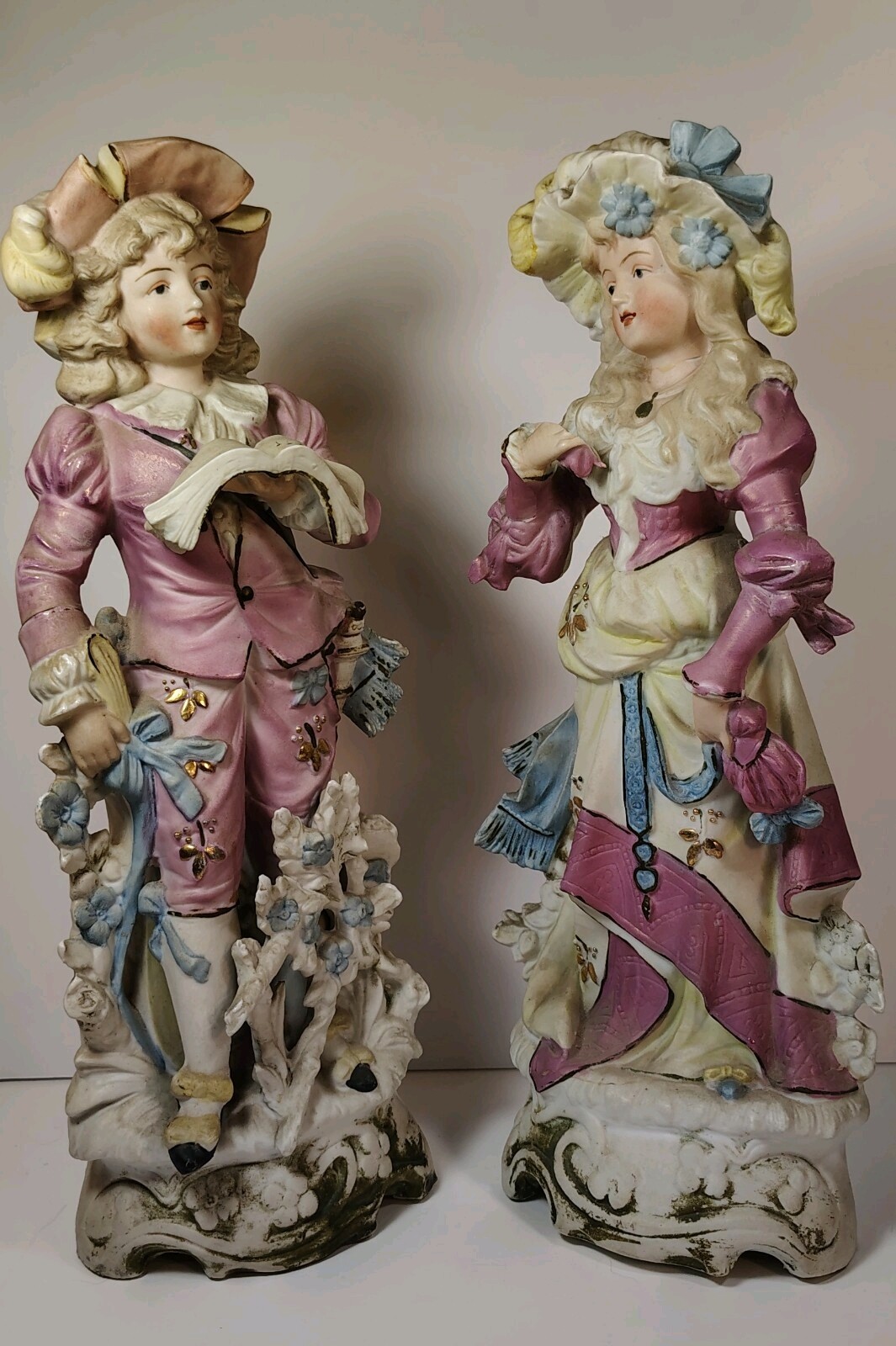Pair Of Antique Bisque Figurines Romantic Courting Young Couple 12″ Tall (Read)