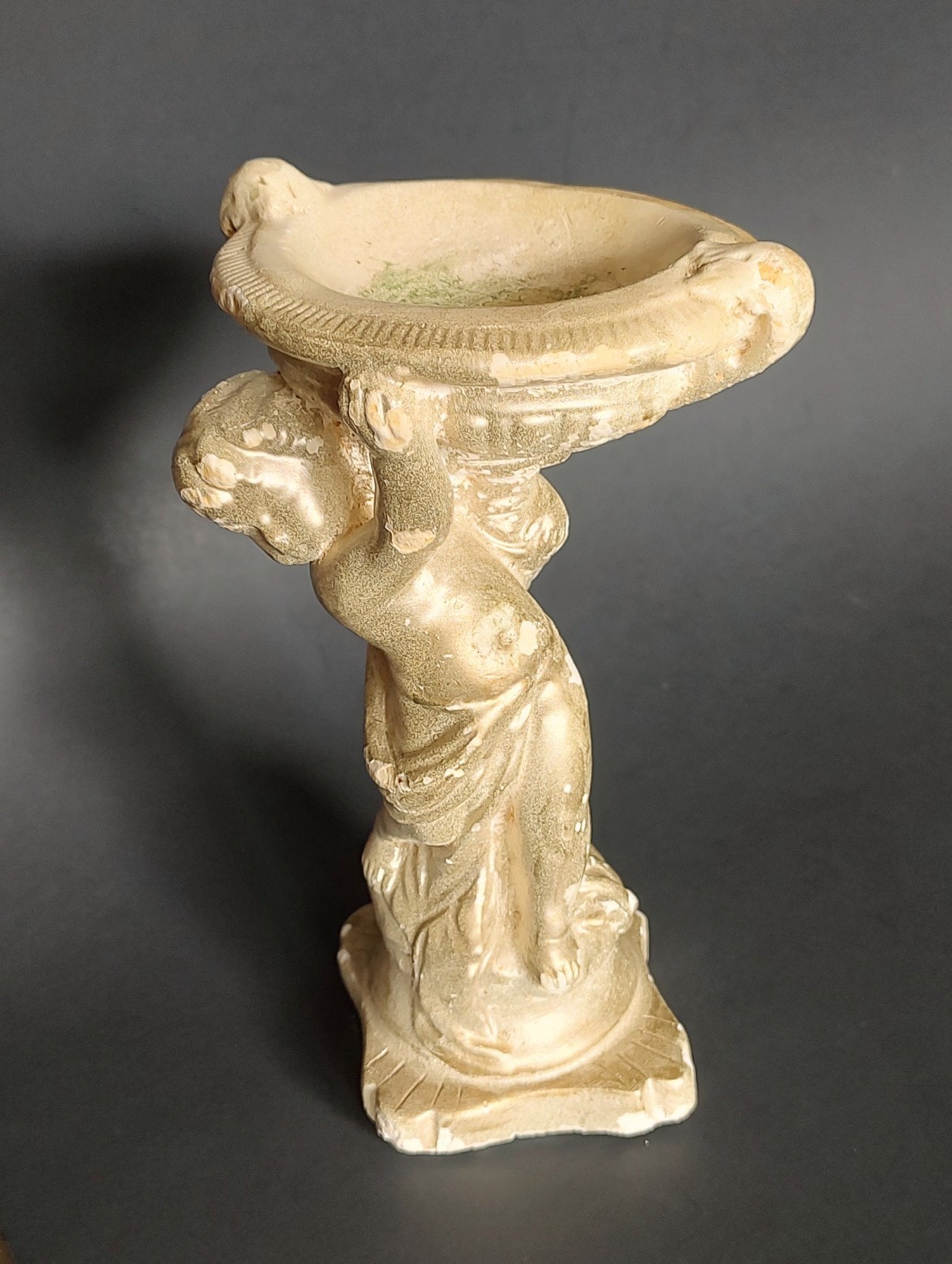 Vintage Chalkware Cherub with Pedestal Bowl Statue 1940s Shabby Chic 8.5 inches