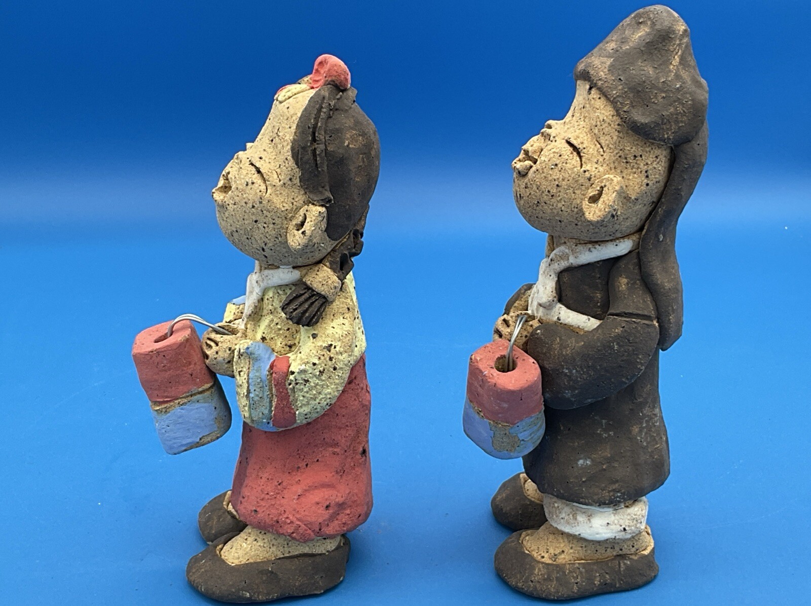Vintage Korean Clay Pottery Man And Woman Figurines Kissing Asian
