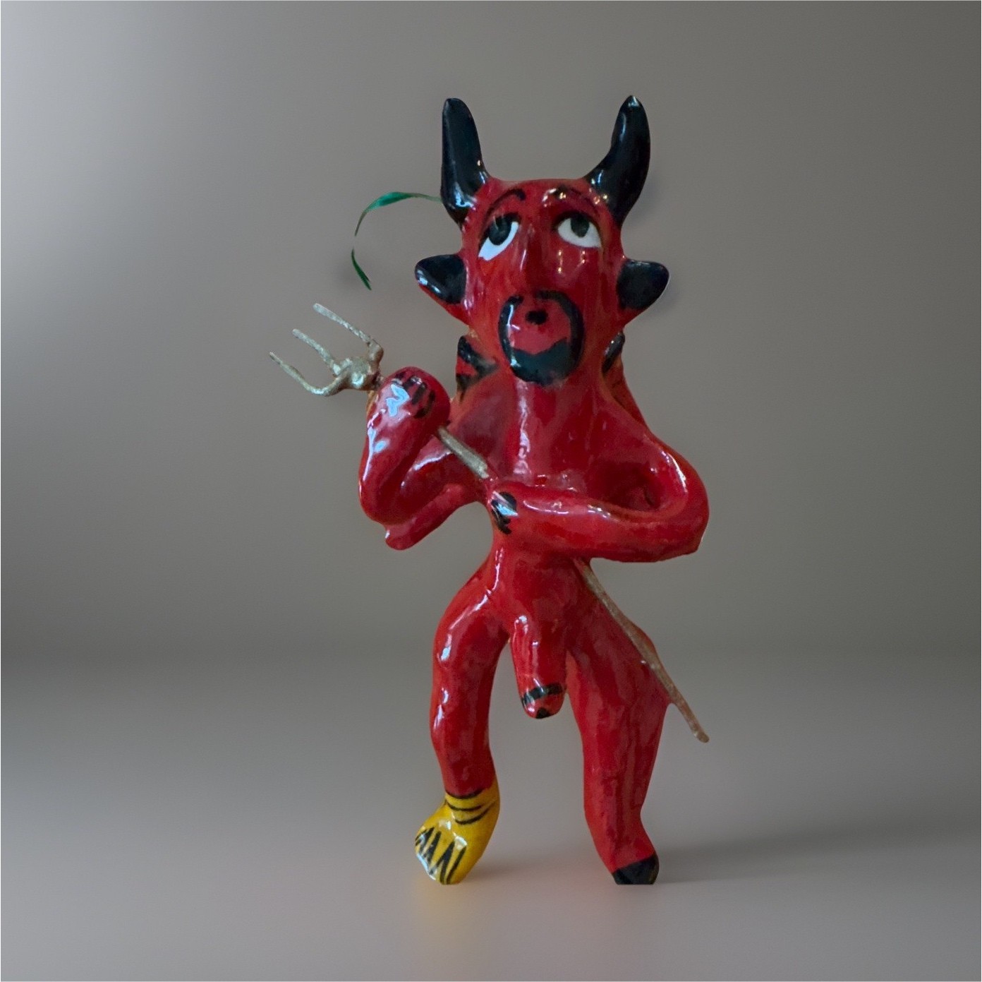 Red Devil Ceramic Figurine 3D Effect Glossy Finish Pitchfork Yellow Boots