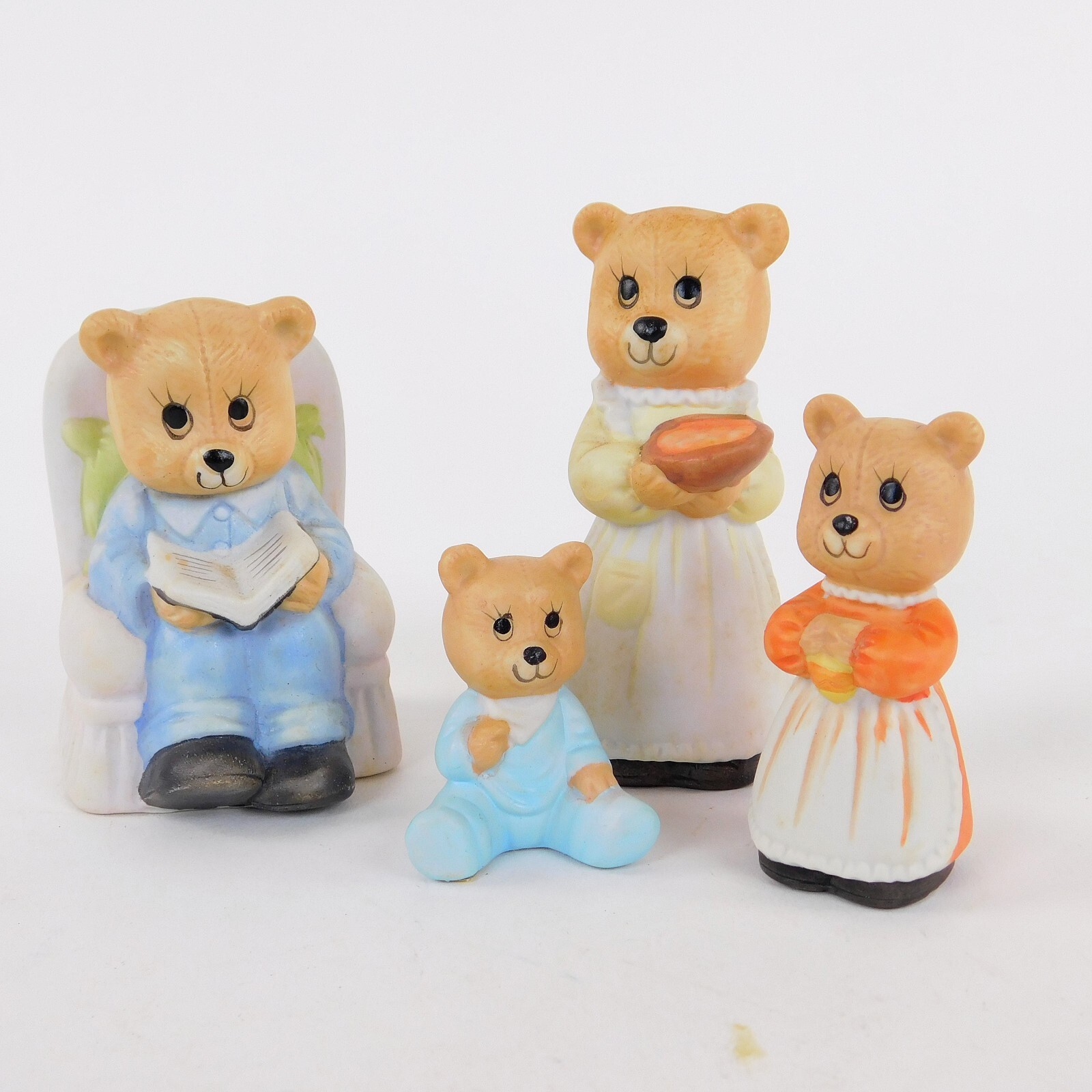 Family of 4 Porcelain Teddy Bears Taiwan Papa Bear in Chair Mama has Dinner