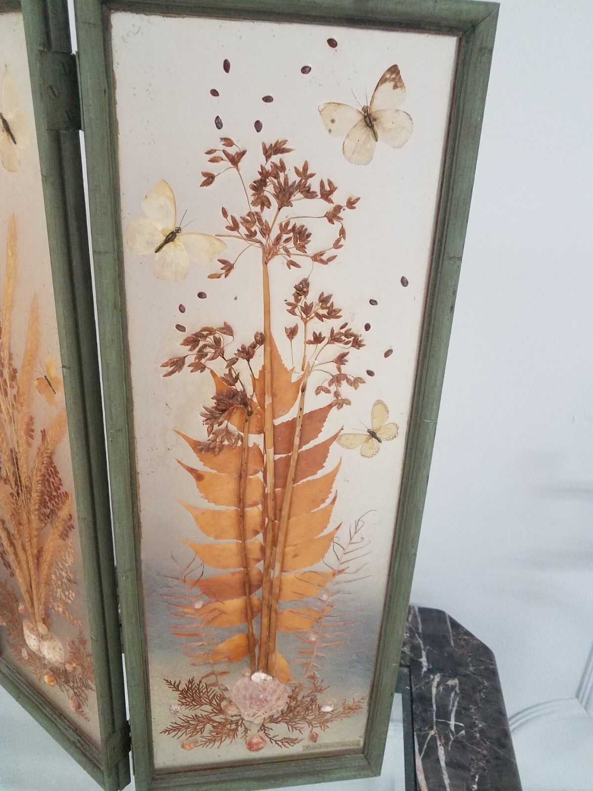 Vintage Pressed Resin Butterflies Flowers Plants Signed Table Top Triptych 3D