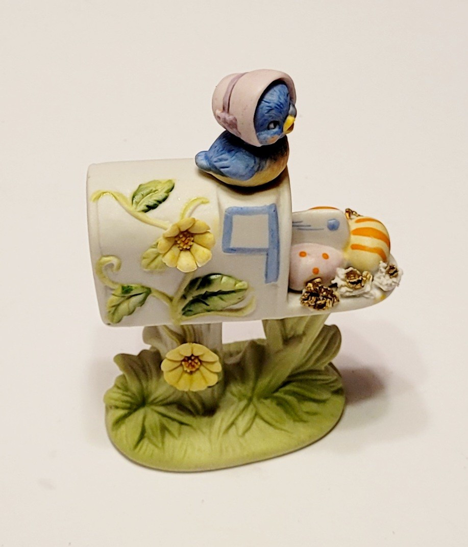 Vintage Enesco Easter Egg Mailbox Blue Bird Figure Figurine Hand Painted Floral