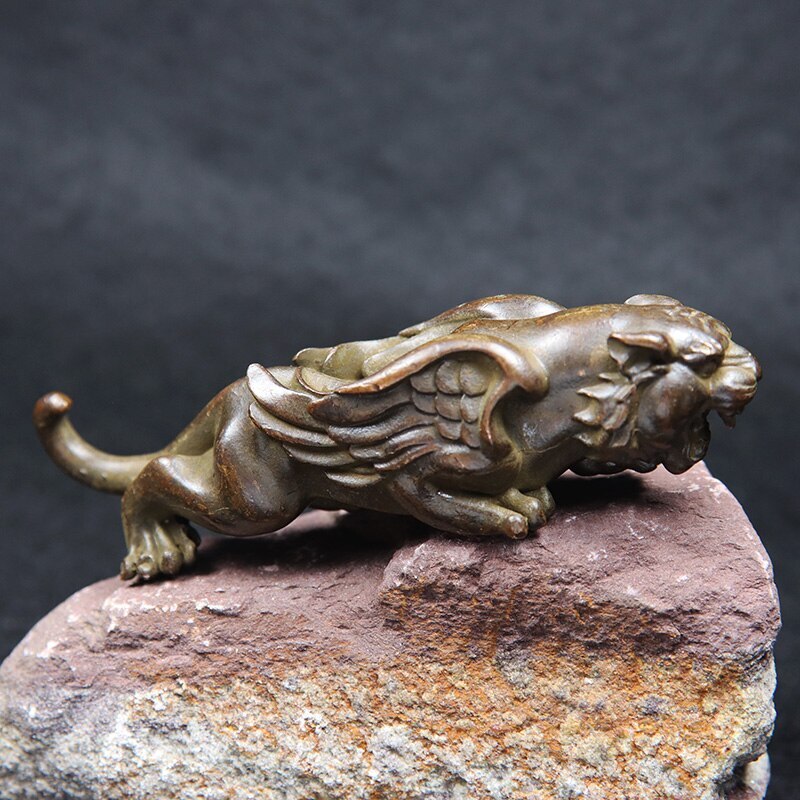 3.7″ Antique Copper Tiger With Wings Small Statue Desk Ornament Animal Figurines