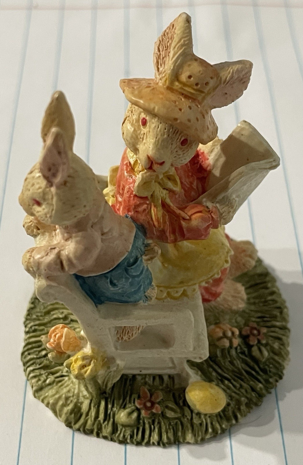 Female Rabbit Reading Book On Bench with Child Rabbit Figurine