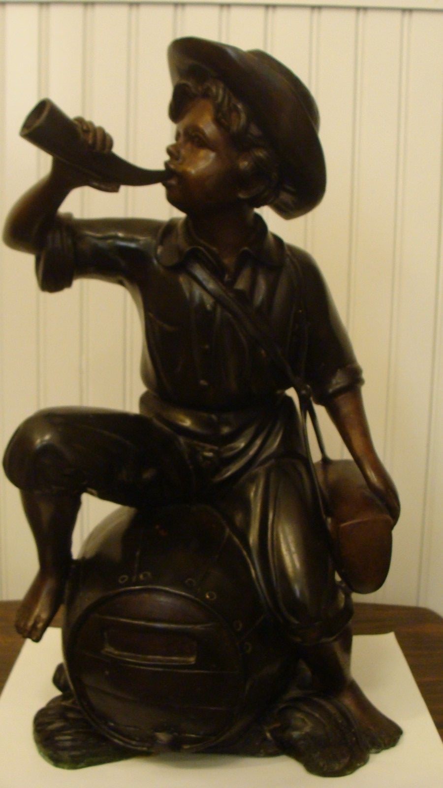 Unique Heavy BRONZE/METAL Figurine BOY With Horn Sitting on Barrel 17.2″ Tall