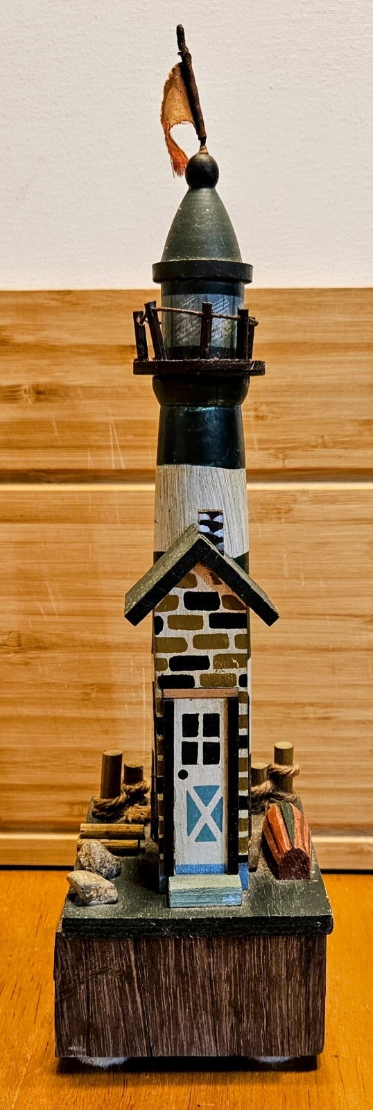 Wood Carved Lighthouse With Shack And Boat – Nautical Themed