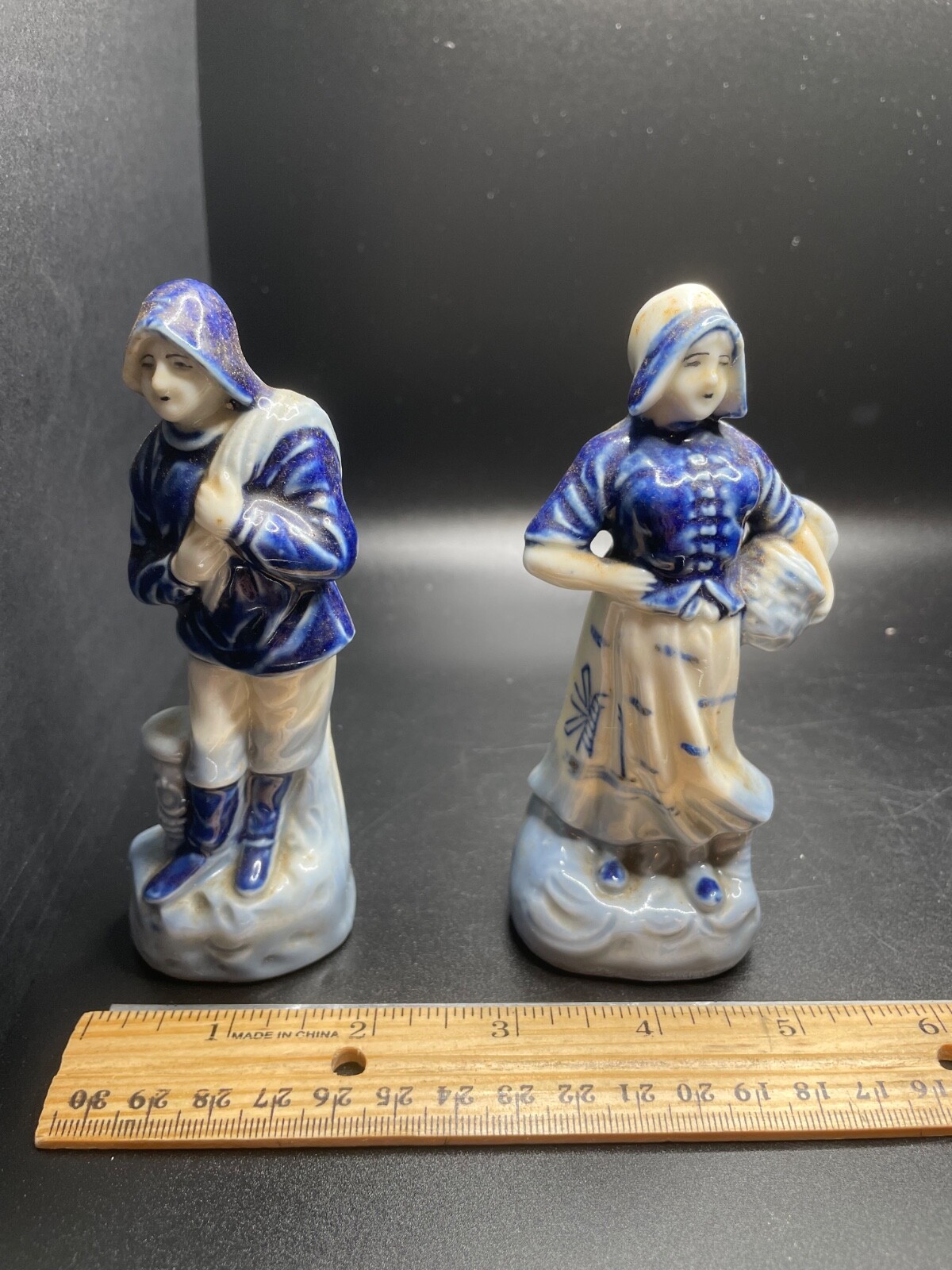 Occupied Japan Delft Blue Windmill Man & Woman Figurines Dutch