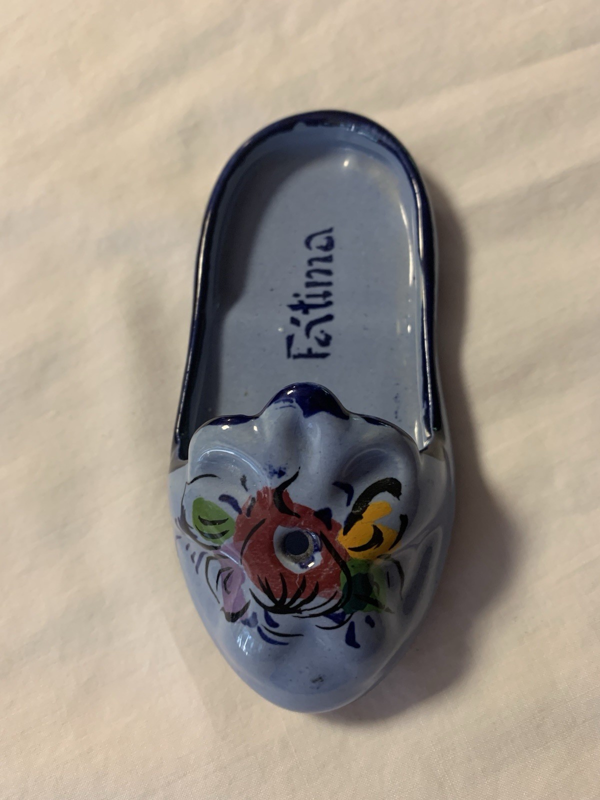 Blue Ceramic Fatima Shoe From Portugal With Hand Painted Flowers-4.75 Inches