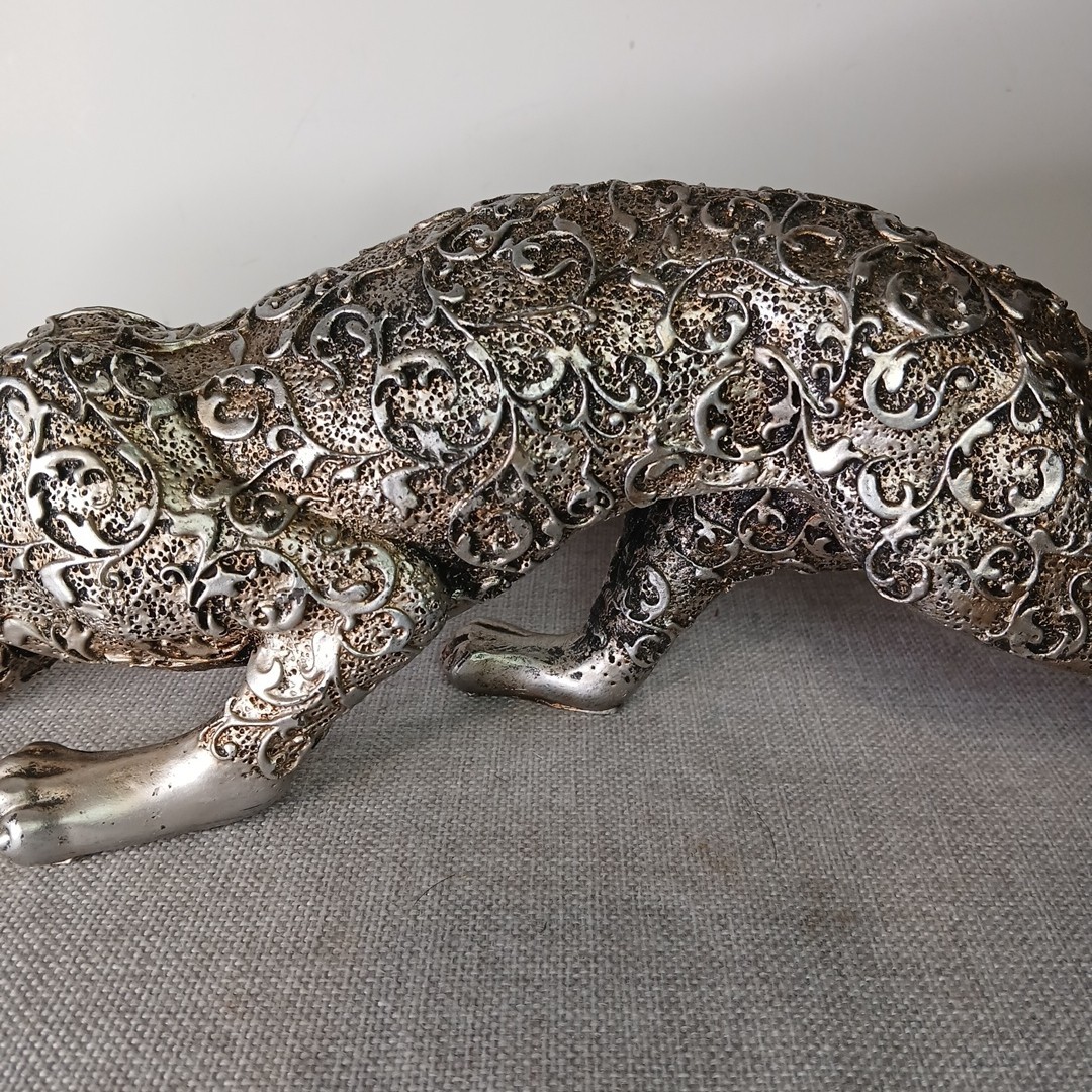 Filigree Design Jaguar Sculpture Figurine 16” Silver Tone