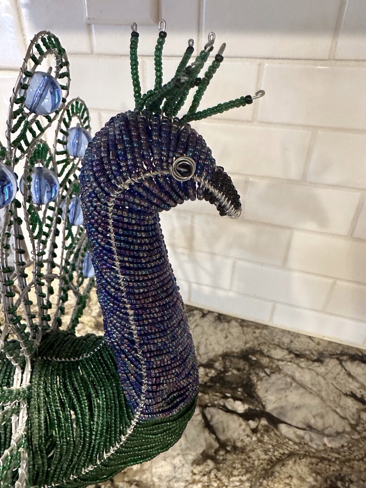 Beadworx Beaded Peacock Figurine Wire Glass Beads Art Freestanding Bird 16×13