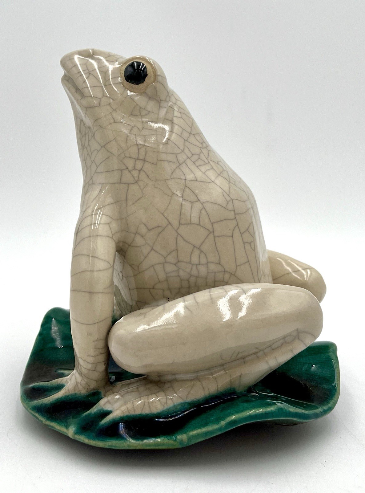 Vintage White Crackle Glaze Pottery Frog Figurine on Green Lily Pad