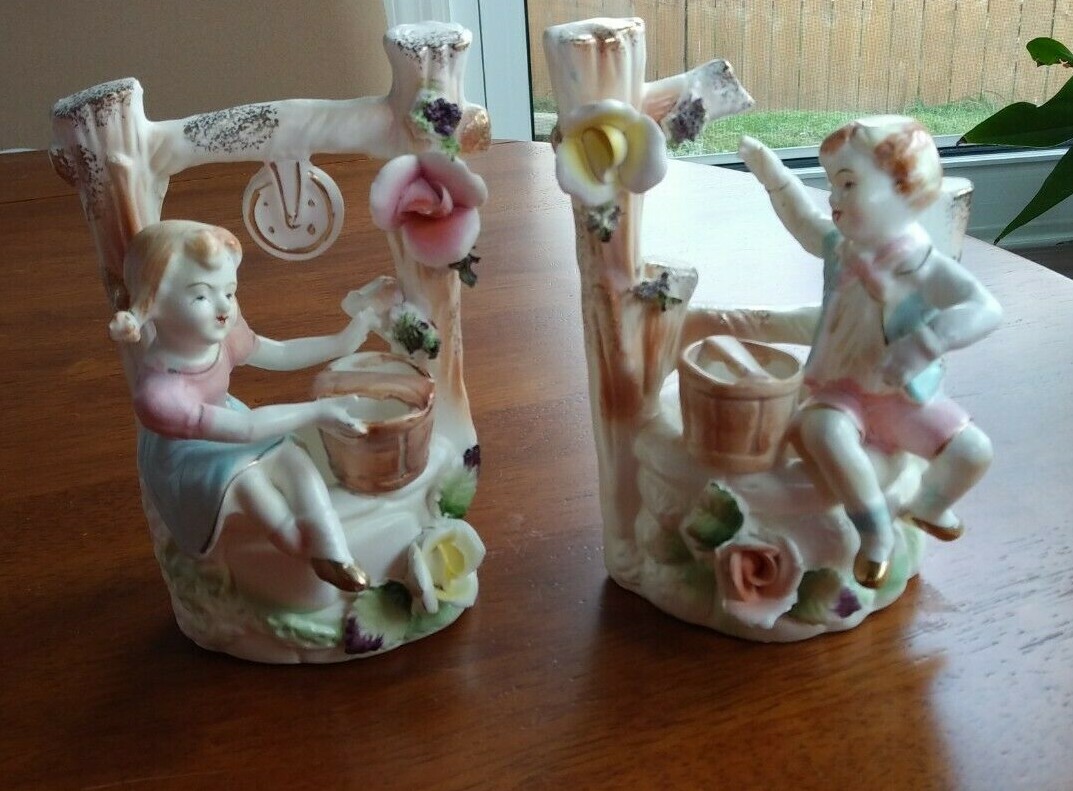 PAIR UCAGO BOY GIRL BISQUE FIGURINES FRENCH COUNTRY JAPAN HAND PAINTED EX COND