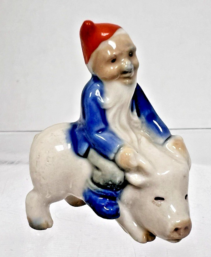 Vintage Miniature Wade Gnome Pixie Elf Red Hat Riding Pig Porcelain Figurine