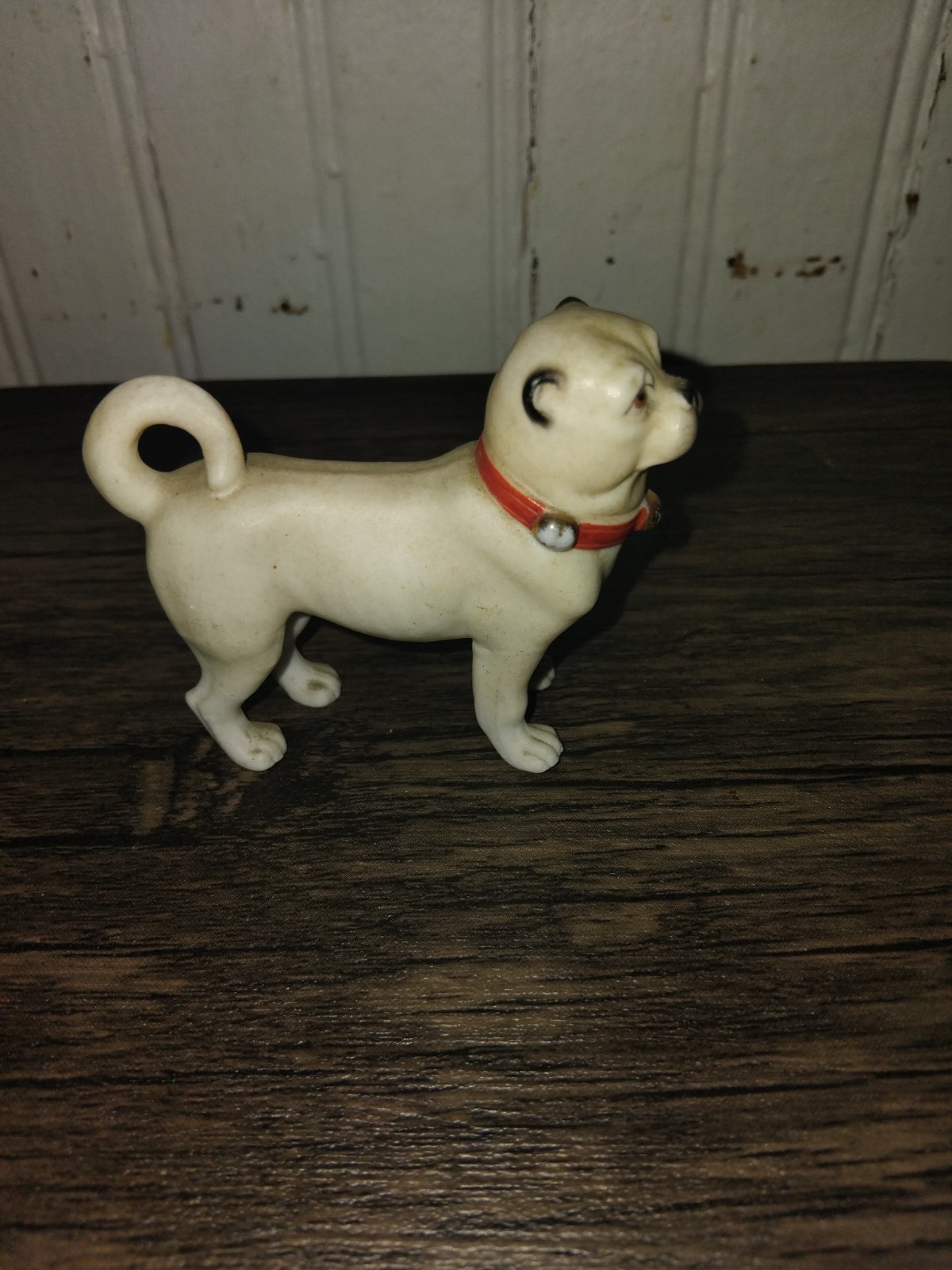 Antique Victorian Bisque Pug With Red & Gold Collar 2.75 In