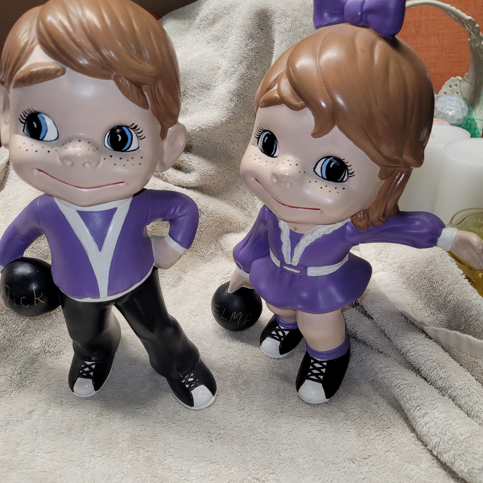VTG 1970s Atlantic Mold Smiley bowling Boy and Girl Ceramic Set Hand Painted