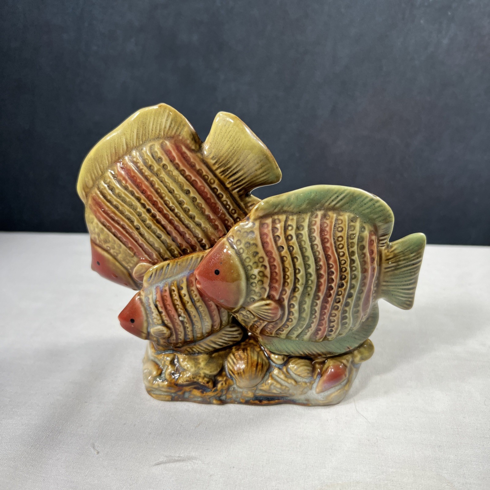 1970’s Glazed Orange, Red, Green, Pottery Swimming Ocean Fish Sculpture