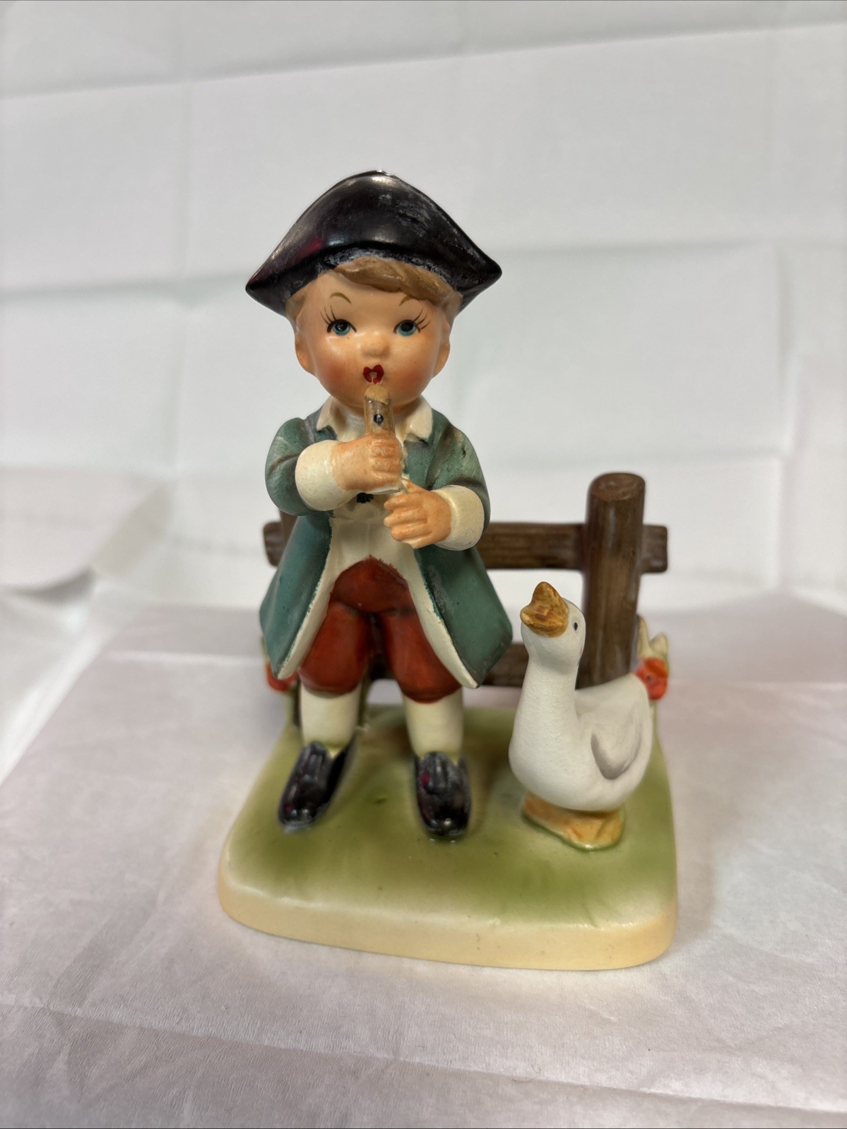 50’s Porcelain Boy with Flute and Goose Figurine Rare Vintage