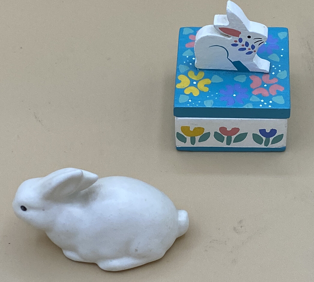 Porcelain Rabbits 3” EUC matte glaze white tiny wood box bunny Easter basket