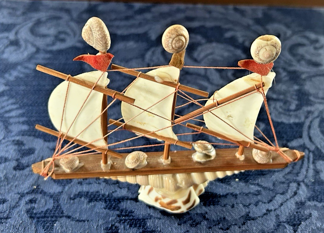 Vintage Seashell 3-Sail Ship Souvenir Figurine 4.75″x6″ Nautical Beach Sailing