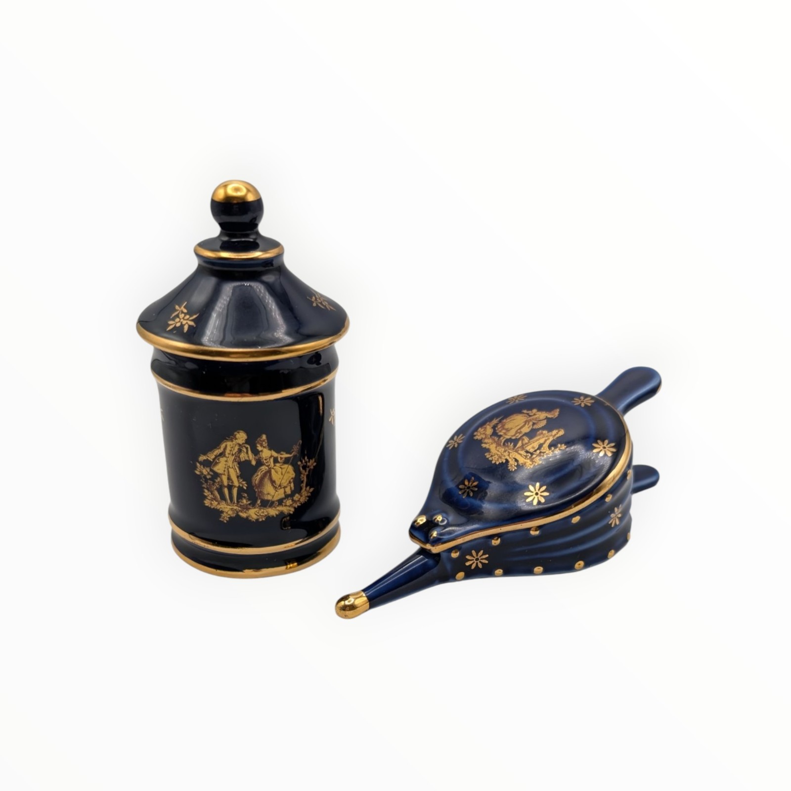 Limoges France Porcelain Miniature Cobalt Blue & Gold Canister & Bellows Set