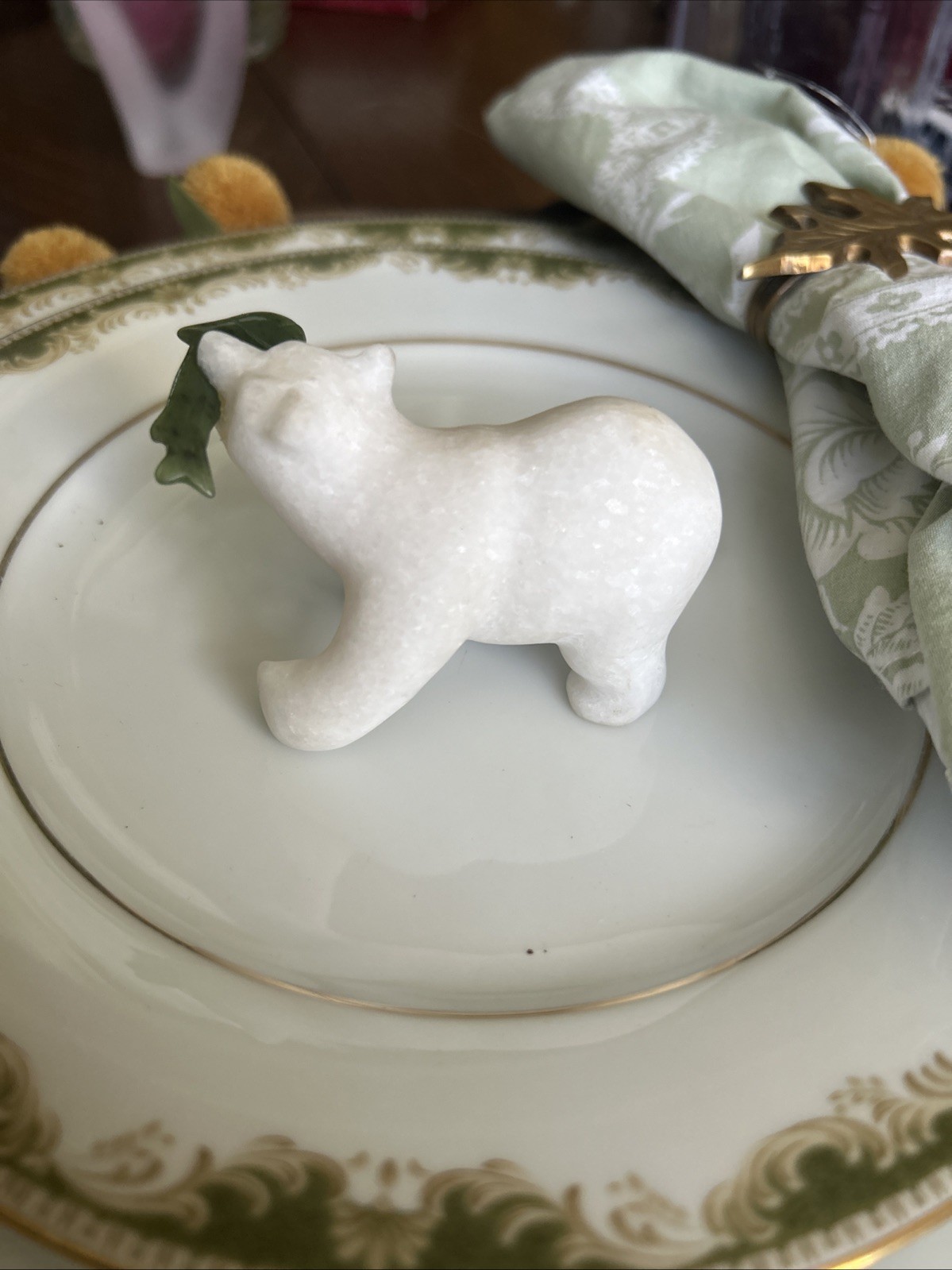 Hand Carved White Marble Polar Bear with Cassiar Green Jade Fish Figurine