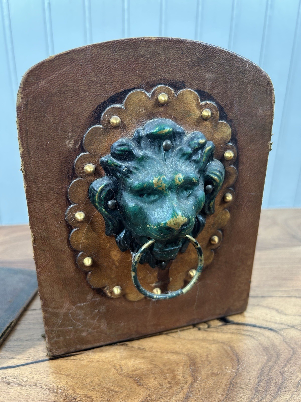 Vintage Italian Leather Wrapped Lion Head Bookends Brass Ring Pull Library Decor