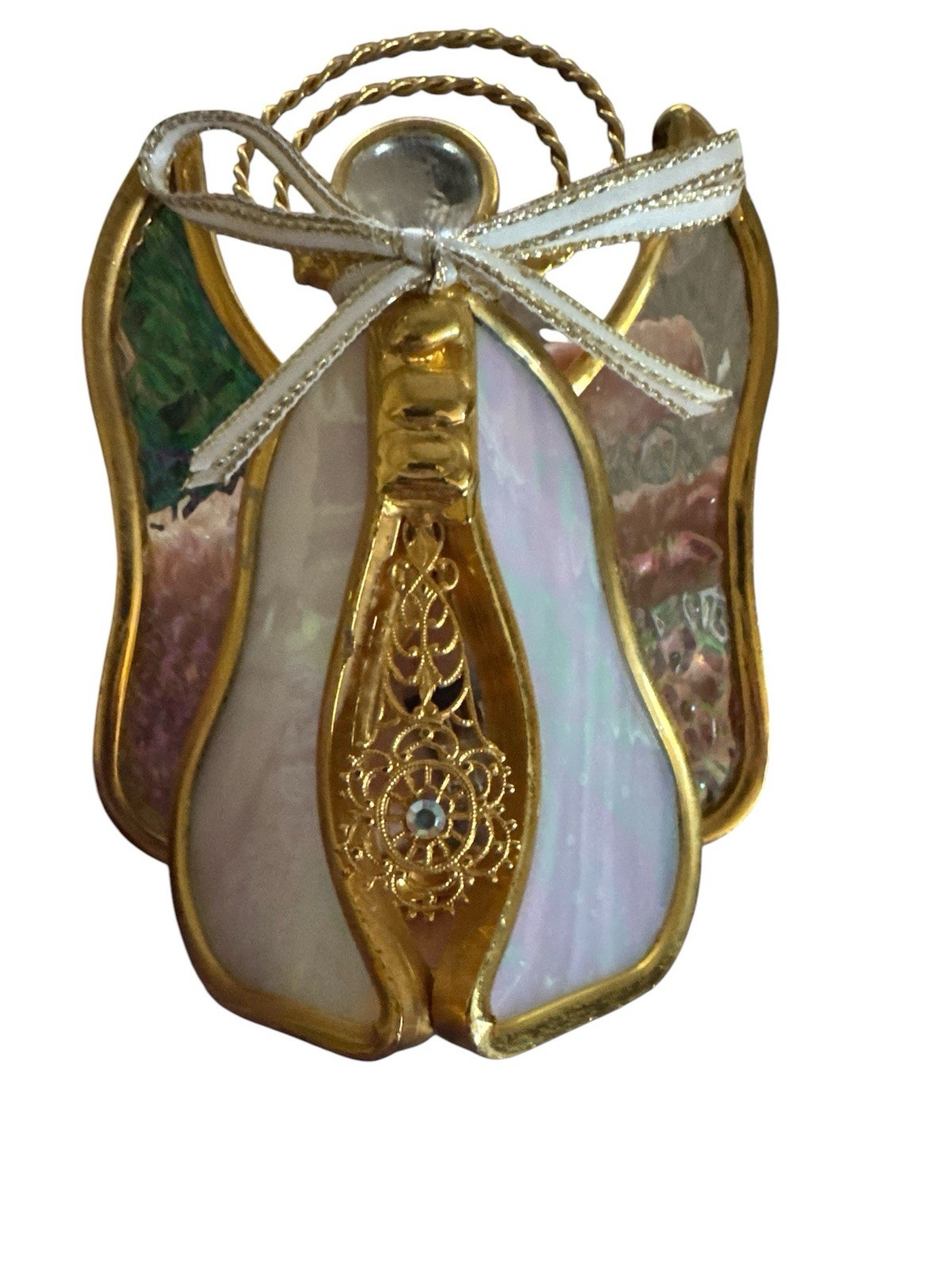 STAINED GLASS Iridescent Angel & Filigree free standing Holiday Decor