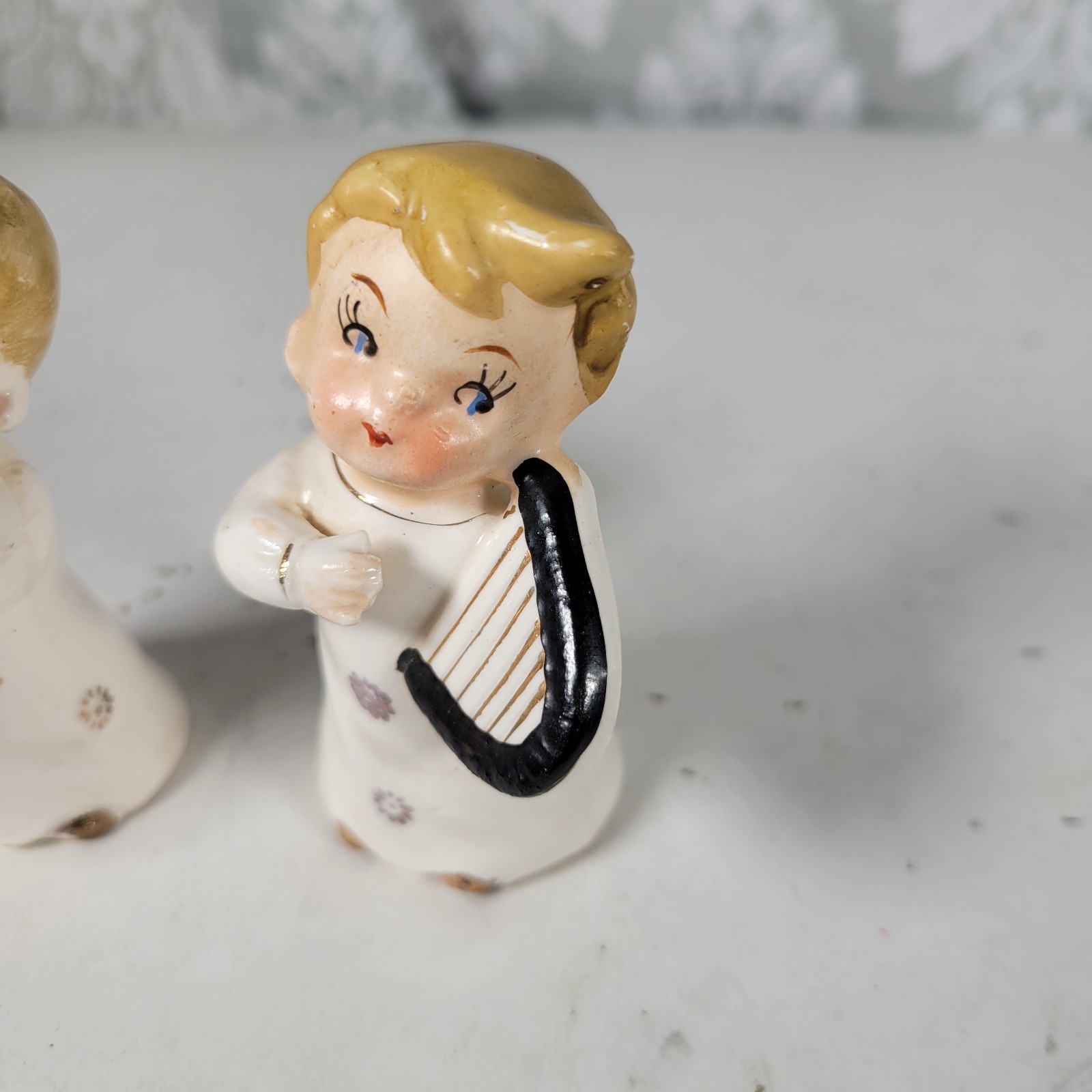 Two vintage musical boy angel figurines – gold gilded lute and harp made in Japa