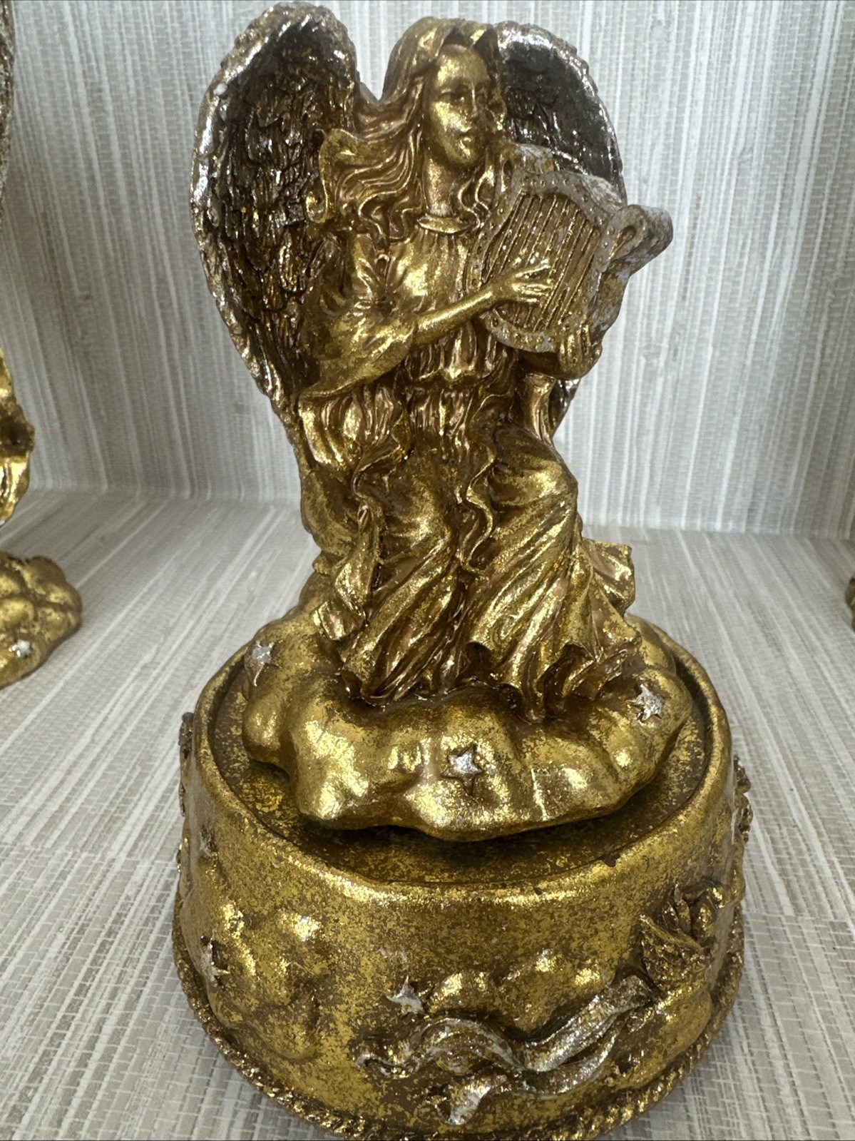 Vintage Set Of 3 Cherubs Playing Instruments Gold Silver Figurines Christmas